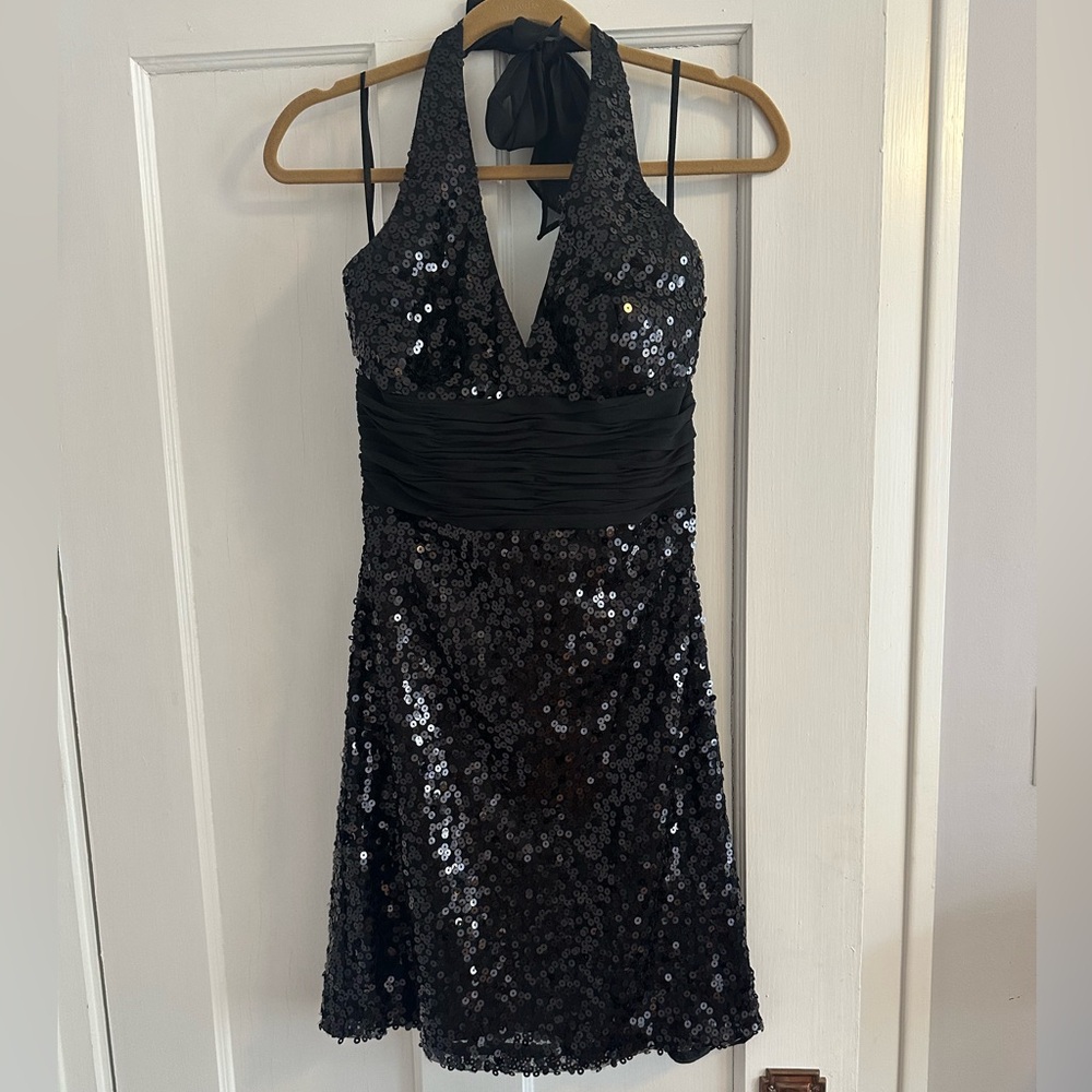 WHBM Elegant Black Sequin Halter Dresss